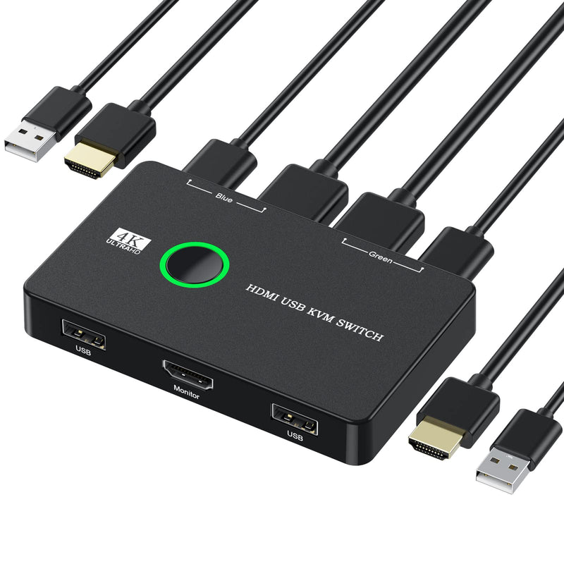 KVM Switch, USB and HDMI KVM Switches for 2 Computers Sharing Mouse Keyboard Printer to One HD Monitor, Supports 4K@60 Hz, 2 HDMI Cables and 2 USB Cables Included HDMI+USB 2.0