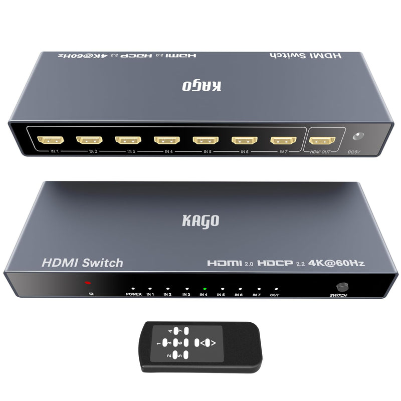 KAGO Hdmi Switch 7 in 1 Out - 4K HDMI Selector Box with Remote,18Gbps HDMI 2.0 HDR HDCP 3D,Support 4K@60Hz 2160p 1080p Premium Quality Auto Switcher Hub for PS4/5 Xbox Apple TV, Nintendo(Tech Grey) 7 p