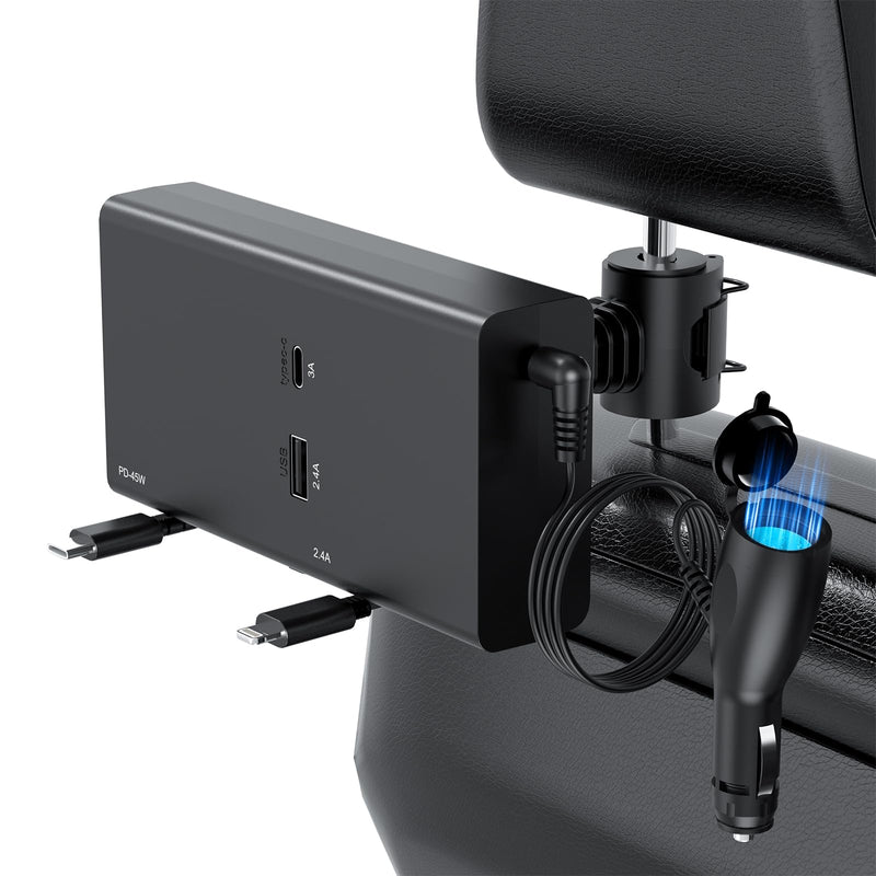 Multi Car Retractable Backseat Car Charger 5 in 1 Car Charging Station Box for iPhone/Samsung, 60W Cigarette Lighter Adapter Uber Taxi Lyft Turo Share Ride Customer Charging Dock Attach to Headrest