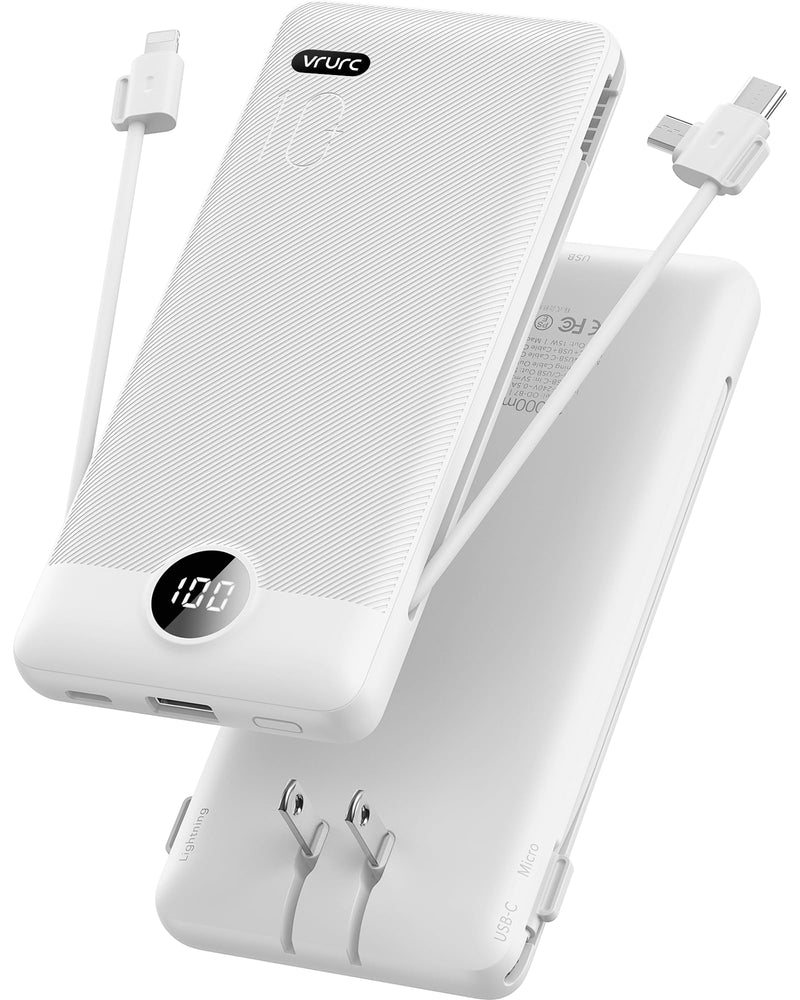 VRURC Portable Charger Built-in Cables and AC Wall Plug, USB C Power Bank 10000mAh, [2023 Upgraded Version] Phone Charger Compact Lightweight External Battery Pack for Smart Phones, Tablets etc-White White