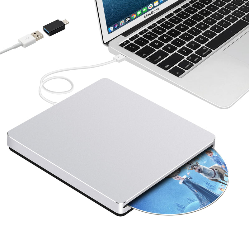 Guamar USB Superdrive for Apple Mac: Slim CD Burner Reader Aluminum Silver | Slot-in Portable DVD Player for MacBook Air/Pro/Neo,External CD/DVD Drive for Laptop PC Windows,USB C Adapter,Plug & Play Matte Silver