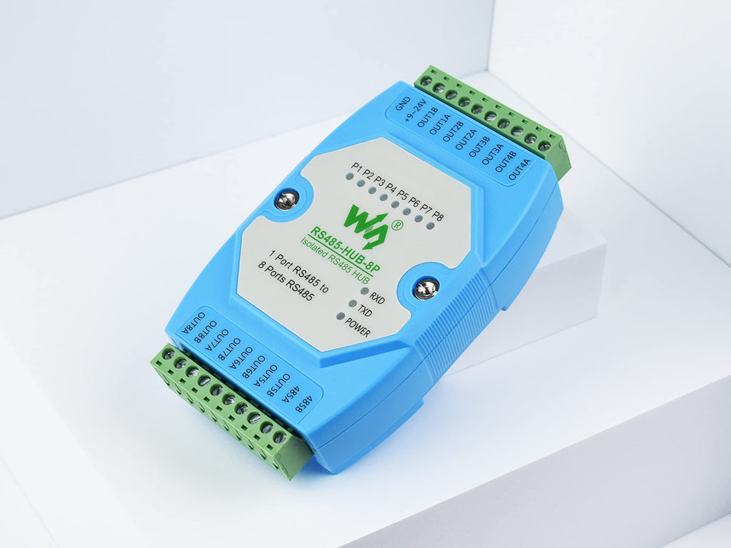 waveshare Industrial Isolated 8-ch RS485 Hub, Extend 8-ch RS485 Slave Ports via 1-ch RS485 Master Port,with Isolation and Relay,Support Rail-Mount, 300~460800bps (Self-Adaptive) Baud Rate, DC 9~24V