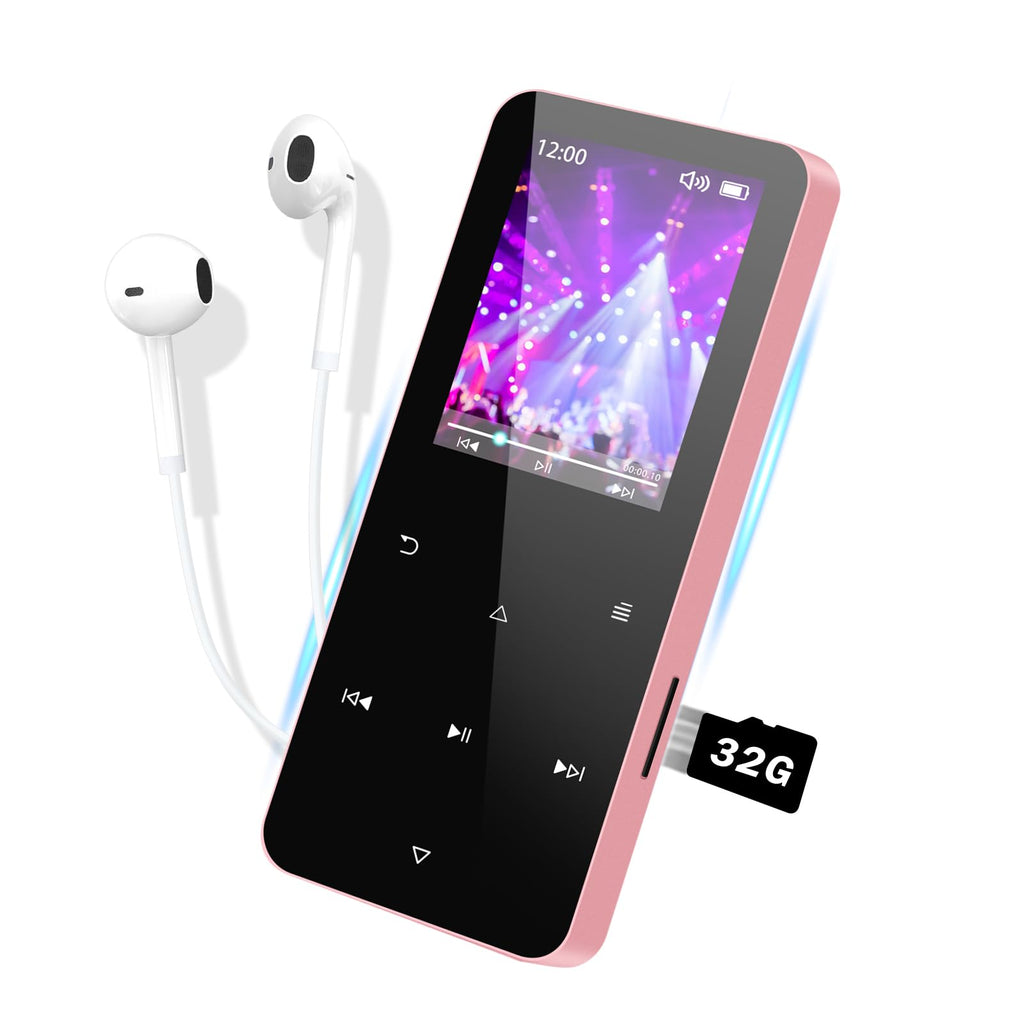 32GB Mp3 Player with Bluetooth 5.0,Play Music up to 30 Hrs.Portable Digital Lossless Music MP3 MP4 Player with FM Radio, Voice Recorder, Super Light Metal Shell Touch Buttons - Pink