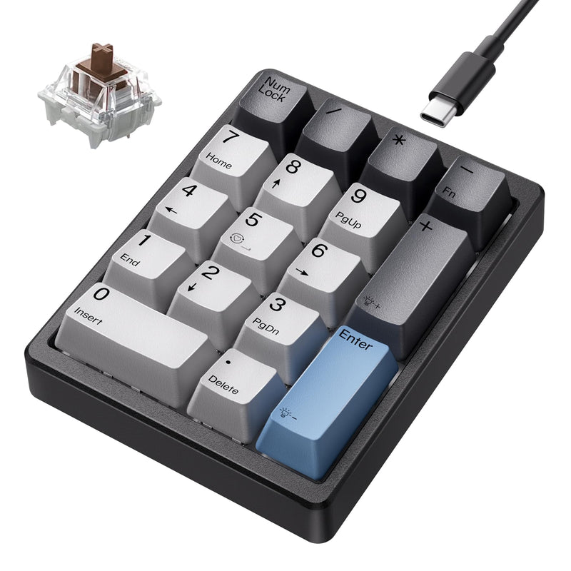 Kisnt Number Pad, Mechanical Numpad Wired USB 17 Keys Numeric Keypad with PBT Keycaps White Backlit Keypad for Laptop PC TKL Keyboards (Brown Switch)