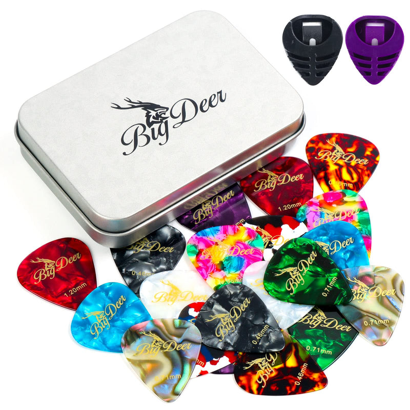 [AUSTRALIA] - 30 Pack Bright celluloid guitar picks, including 0.46mm, 0.71mm, 0.96mm and 1.2mm picks for acoustic guitars, ukulele, bass in tin case,comes with two guitar pick holders 
