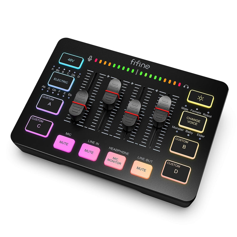 [AUSTRALIA] - FIFINE Gaming Audio Mixer, Streaming RGB PC Mixer with XLR Microphone Interface, Individual Control, Volume Fader, Mute Button, 48V Phantom Power, for Podcast/Recording/Vocal/Game Voice-AmpliGame SC3 Black 