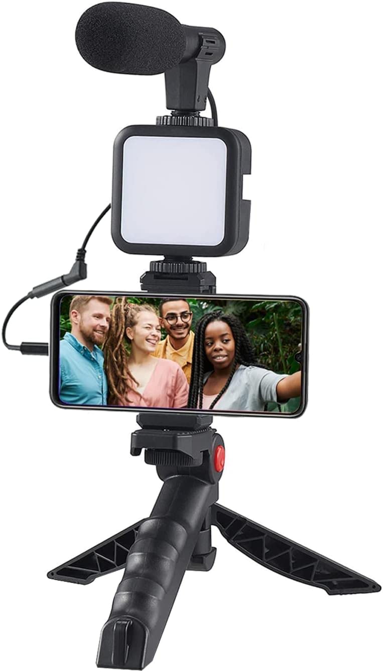Samadex Video Microphone Vlogging Kit- Portable Studio Video Recording Microphone with Foldable mic Stand and Selfie Stick, Smartphone Camera Video Recording with 3 Brightness Level LED Light vlog