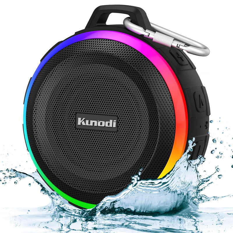 Kunodi Bluetooth Shower Speaker with IPX7 Waterproof, Dynamic Lights, Crisp Clear Sound, True Wireless Stereo, Clip Portable for Pool Beach Boat Kayak Float Golf Gift WaterproofBlack