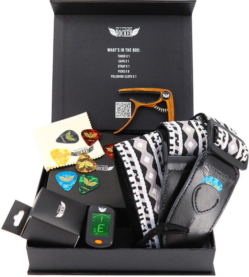 Guitar Accessories Gift Box for Acoustic and Electric Guitars, Black & White Jacquard Weave Guitar Strap, Picks, Capo, Tuner, Cleaning Cloth, 5-in-1 Essential Gift
