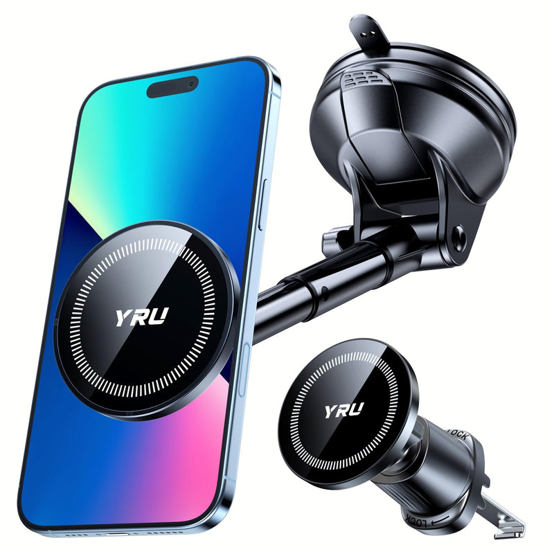 YRU Upgrade【80+LB Super Suction】Magnetic Phone Holder Car for MagSafe Mount | 【2800gf Magnet & Alloy Metal Arm】Patented Dash Windshield Vent CellPhone Cradle for iPhone17 16 Pro Max Samsung Truck, Black