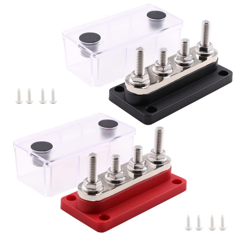 Bus Bar Copper 12V 300A Power Distribution Blocks 4X 5/16" (M8) Terminals Studs 12 Volt Marine Bus Bar Positive & Negative for Car Boat RV Automotive PV Solar System, Red& Black 2 Pack 300A 4X5/16"( M8) Black&Red