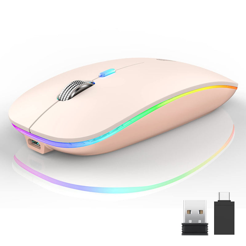 Uiosmuph LED Wireless Mouse, G12 Slim Rechargeable Wireless Silent Mouse, 2.4G Portable USB Optical Wireless Computer Mice with USB Receiver and Type C Adapter (Nude Pink) Nude Pink