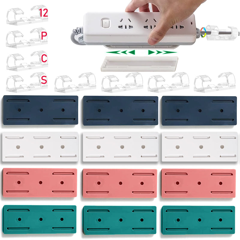12PCS Power Strip Holder, Adhesive Punch-Free Socket Holder, Self Adhesive Socket Desktop Fixer, Cable Management Punch Free Surge Protector, Desktop Mobile Socket Holder Wall Mount and 12 Cable Clips 12PCS