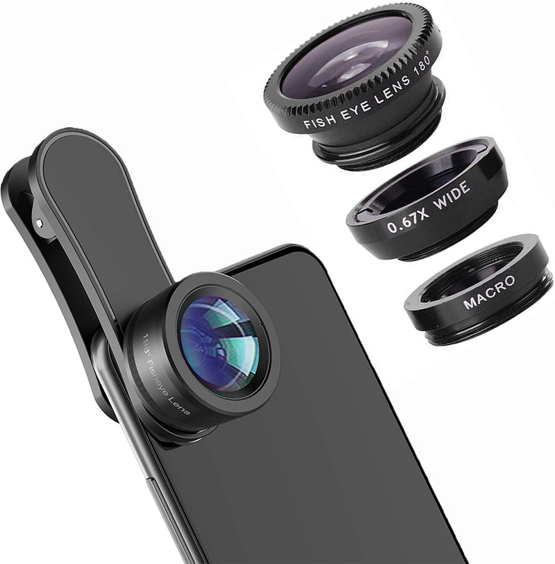 Phone Camera fisheye Lens, 0.63X Wide Angle Lens&Macro Lens for iPhone, 3 in 1 Universal Clip Lens for Cell Phone, Camera Lens Kit for iPad Pixel Samsung Android and Most Smartphones.