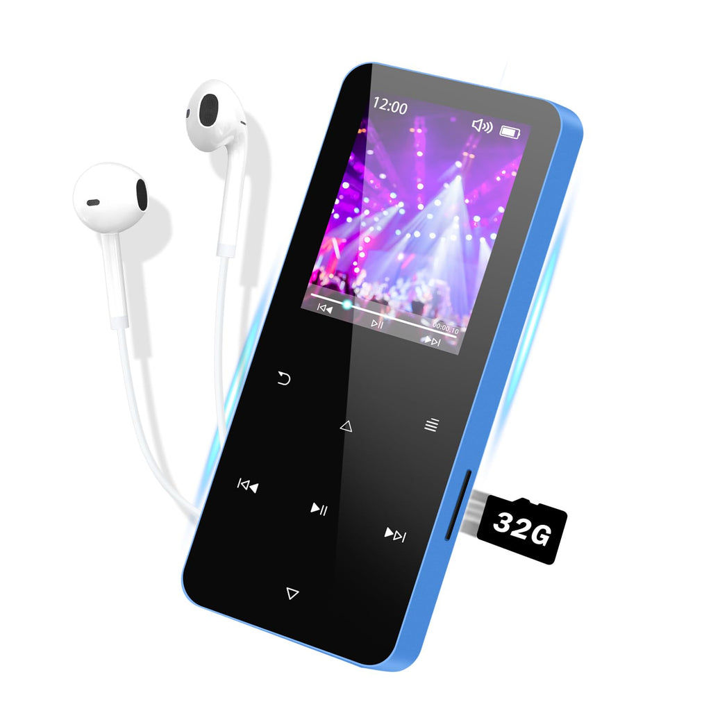 RIOUSV 32GB Mp3 Player with Bluetooth 5.0,Play Music up to 30 Hrs.Portable Digital Lossless Music MP3 MP4 Player with FM Radio, Voice Recorder, Super Light Metal Shell Touch Buttons - Blue