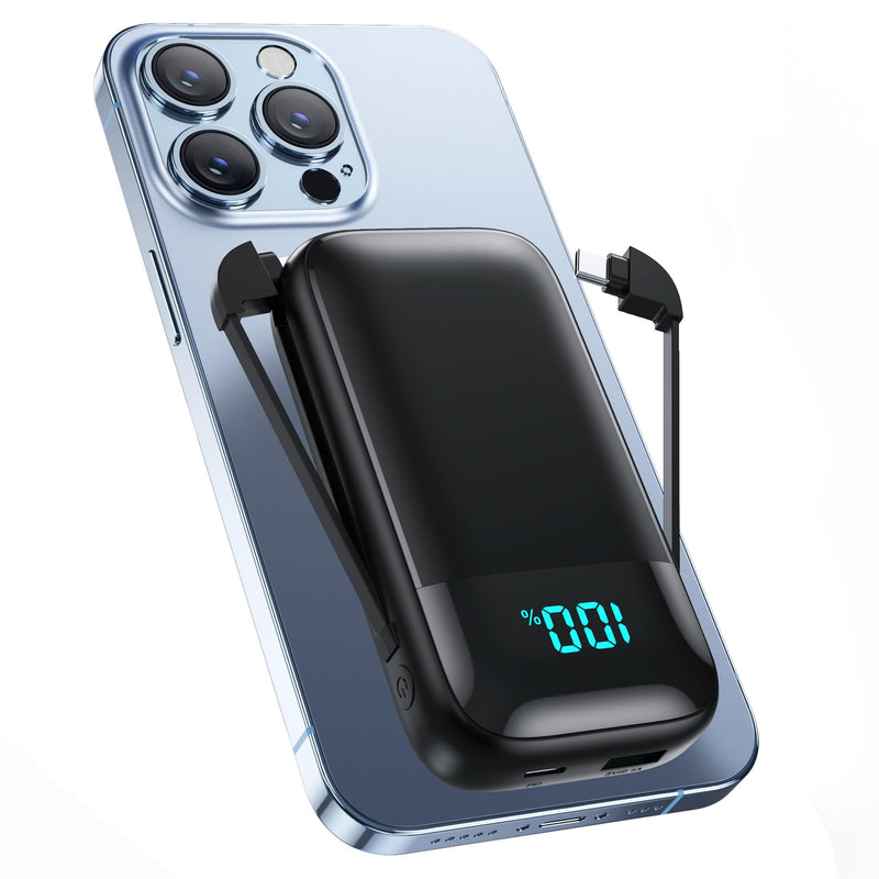 [AUSTRALIA] - Small Portable Charger with Built in Cables, Ultra-Compact 13800mAh PD Fast Charging USB C Power Bank, 4 Output LCD Display Battery Pack Phone Charger Compatible with All iPhone,Samsung,Android Phone Black 