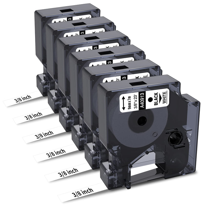6-Pack Compatible Dymo 41913 (40913) 3/8 Inch D1 Label Tape Black on White 9mm Refills S0720680 for DYMO LabelManager 160 280 360D Label Maker COLORPOP, 23Ft 3/8"-black on White