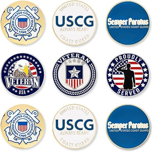 [AUSTRALIA] - PinMart’s Officially Licensed United States Veteran Bundle Pack of 9 Golf Ball Markers - Golf Accessories for Men and Women - Magnetic Veteran Ball Markers Set of 9 Coast Guard Blue/White/Gold 