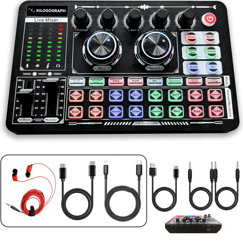 [AUSTRALIA] - Podcast Sound Board - Music Sound Mixer with Effects, Audio Interface for PC Mac iPhone Android, Sound Card for Streaming Recording, DJ Mixer for Beginners (F999 Plus with More Cables) F999 Plus 