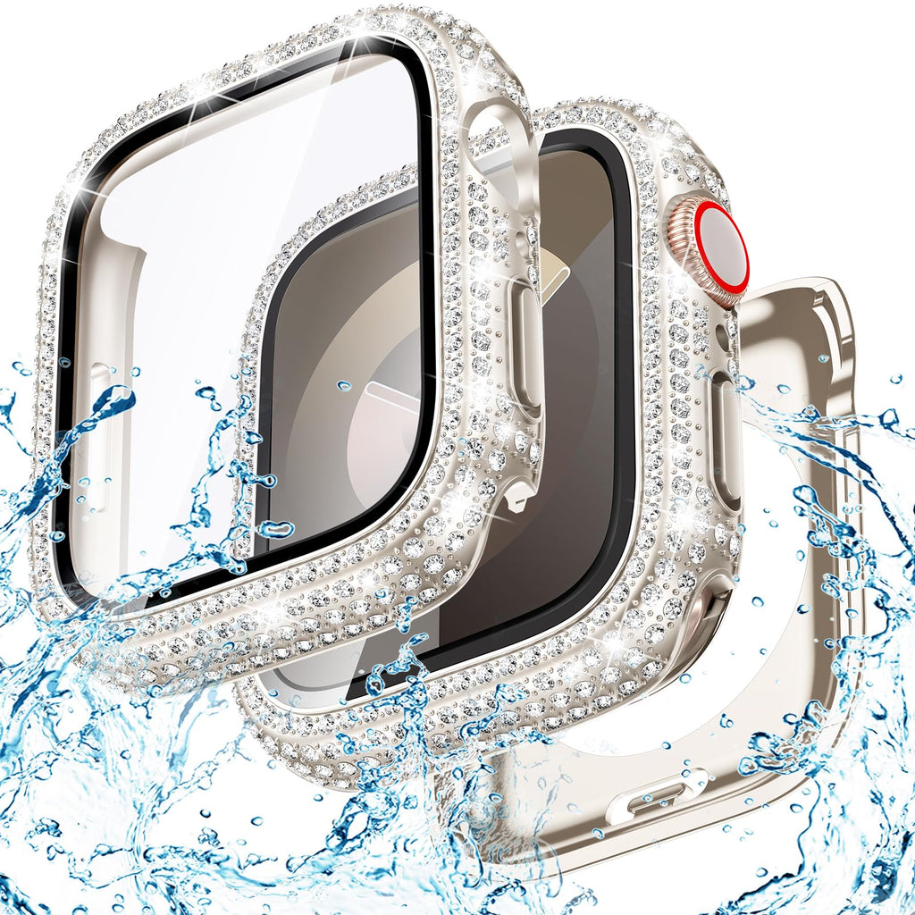 Goton 2 in 1 Waterproof Bling Case for Apple Watch Series 9 8 7 41mm Screen Protector, Full Glitter Diamond Rhinestone Bumper Face Cover for iWatch Accessories Women 41 mm Starlight A_Starlight