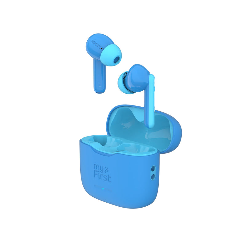 myFirst Carebuds Kids Earbuds 85dB Volume Limit for Small Ears | Anit-lost strap, 6 size ear tips, built-in mic, school travel airplane, for kids ages 3-12, boys and girls, birthday gift Blue
