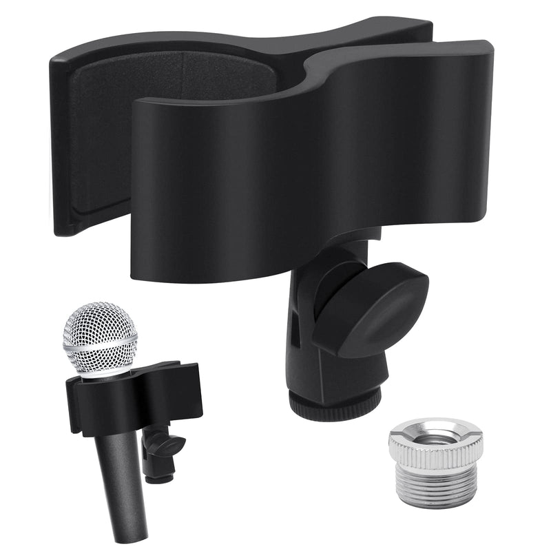 Adjustable Microphone Holder Clip, 1 Pcs Plastic Spring Mic Clip, Microphone Stand Outer Diameter Between 32mm to 60mm with 1pcs 5/8" to 3/8" Screw Adapter, Universal, Black (Black-1PCS) Black-1PCS