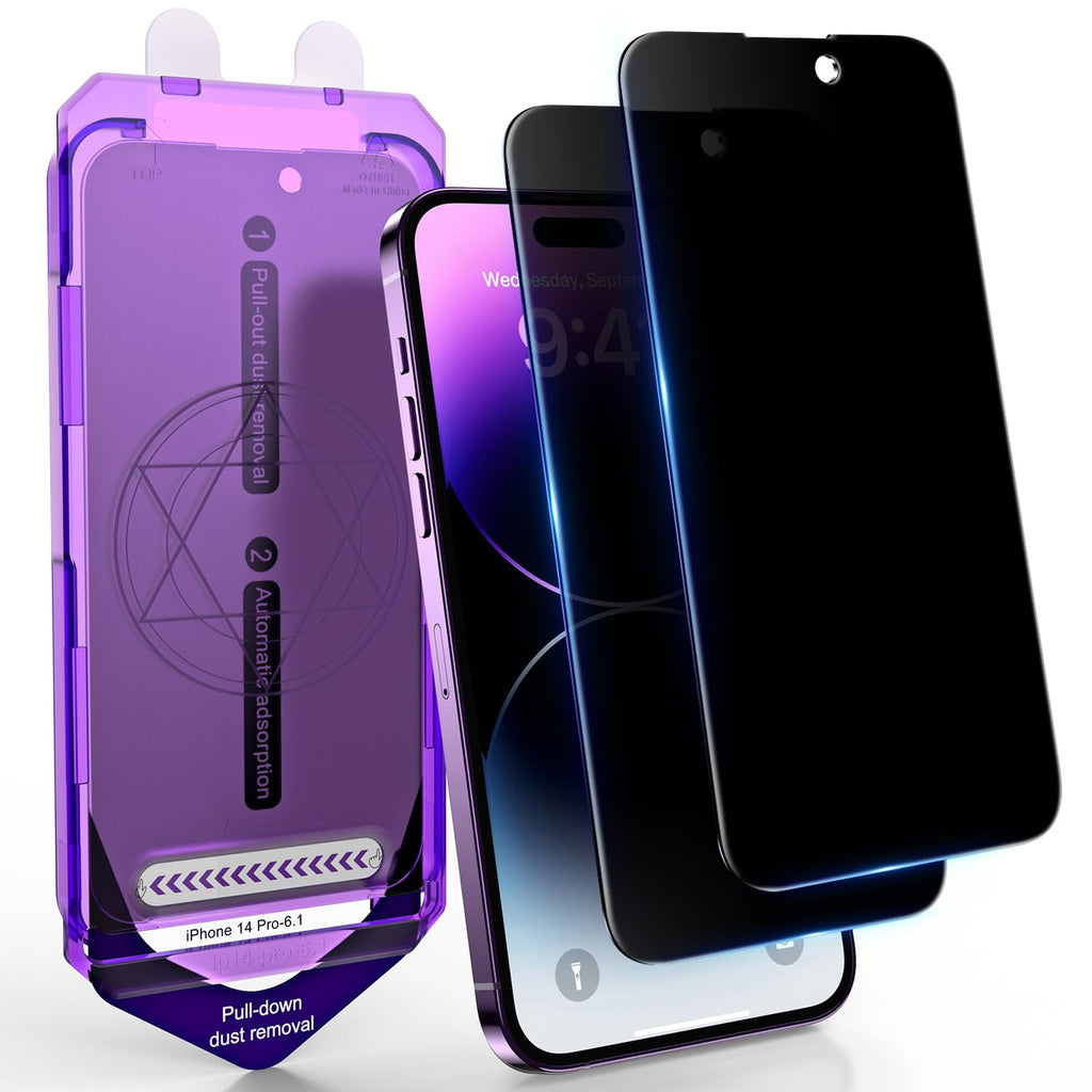 UniqueMe 2 Pack for iPhone 14 Pro Privacy Screen Protector, 6.1 inch with Auto-Align Frame [Auto-Dust Removal], Tempered Glass Anti-Spy Anti-Blue Light Film [9D Full Coverage]