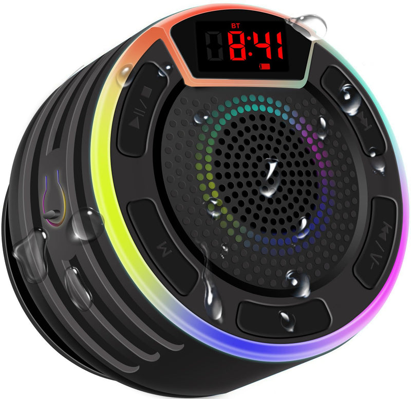 BassPal Bluetooth Speakers, IPX7 Waterproof Shower Speaker, Portable Speaker with LED Display, FM Radio, Suction Cup, Light Show, Built-in Mic, Best Gifts for Pool Beach Home Party Travel Outdoors Black
