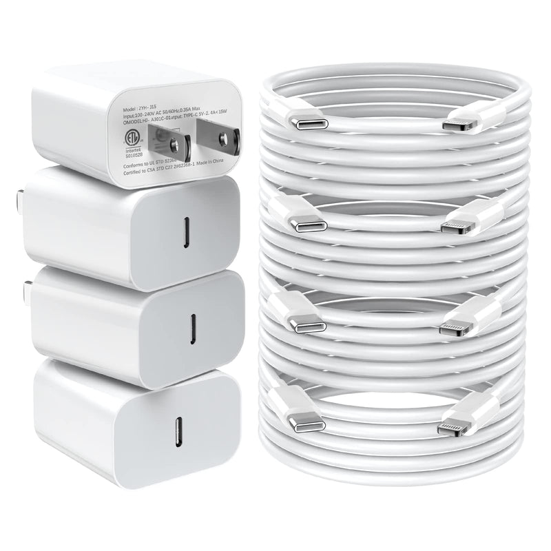[AUSTRALIA] - Fast Charger iPhone，[Apple MFi Certified] 20W PD USB C Wall Charger 4 Pack with 6FT Fast Charging Cable - Fast Charger for iPhone 14/14 Pro Max/13/13 Pro/12/12 Pro/11/11 Pro/XS, iPad 