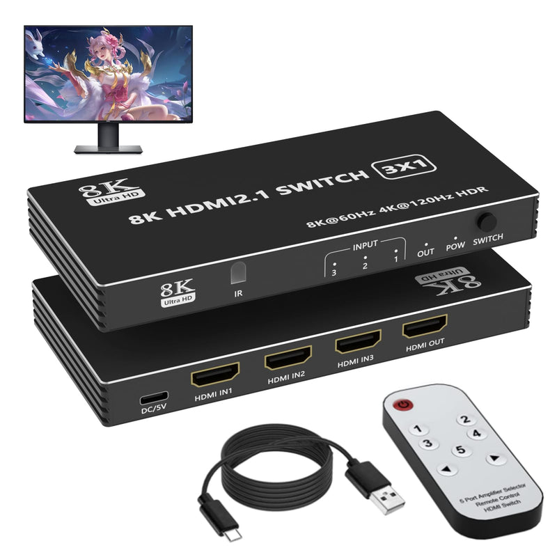 8K HDMI 2.1 Switch 3 in 1 Out, HDMI Switch Splitter 4K@120Hz/8K@60Hz with IR Remote, HDMI Switcher Selector for Xbox PS4 PC TV B.3 in 1 out