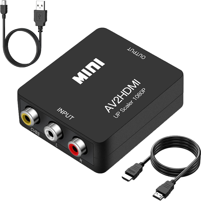 RCA to HDMI Converter, 1080P RCA Composite CVBS AV to HDMI Video Audio Converter Adapter Compatible with N64 Wii PS2 Xbox VHS VCR Camera DVD, Support PAL/NTSC with HDMI and USB Power Cable Converter(With HDMI Cable)