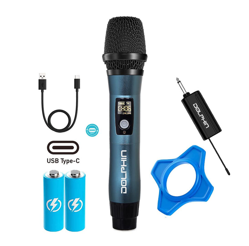 Dolphin MCX11 UHF Wireless Microphone for Karaoke, Singing, PA, Parties, Events, All-Metal, DSP, Long Range | Rechargeable, 50 Channels, Anti-Interference (Blue) Blue