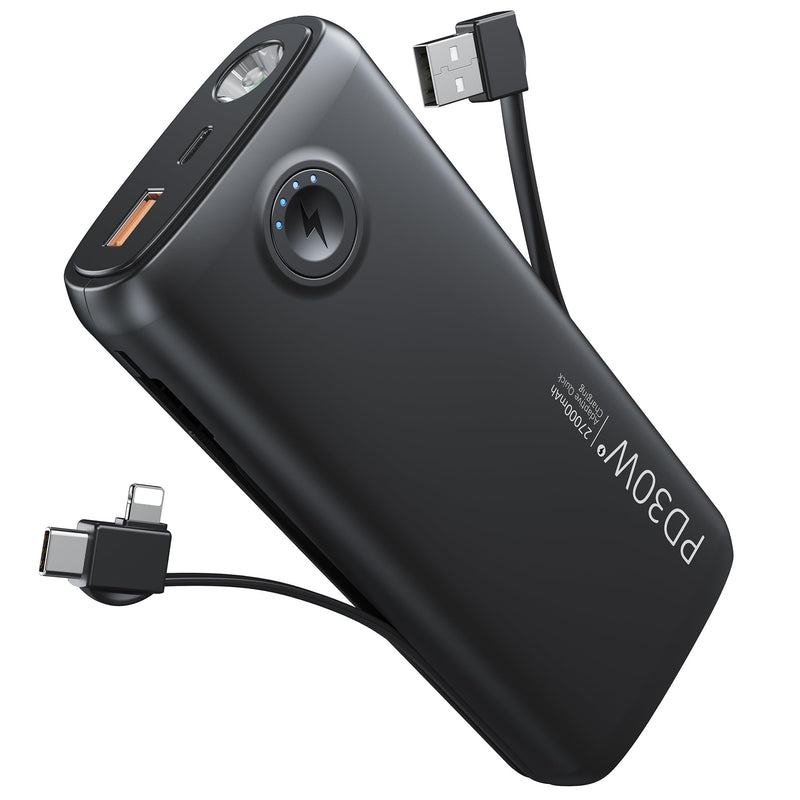 Dpdenoy Portable Charger with Built in Cable, 27000mAh Power Bank QC4.0 22.5W PD3.0 USB C Fast Charging, Phone Battery Pack with 3W Flashlight for iPhone, Samsung, Google, Tablet, and More Black 27000mAh