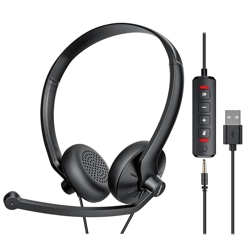 [AUSTRALIA] - FEABASK USB Headset with Microphone for PC Laptop - Wired Computer Headphones with Noise Cancelling Microphone for Home Office Online Class Skype Zoom Meetings,in Line Mute Controls USB+3.5mm Black 