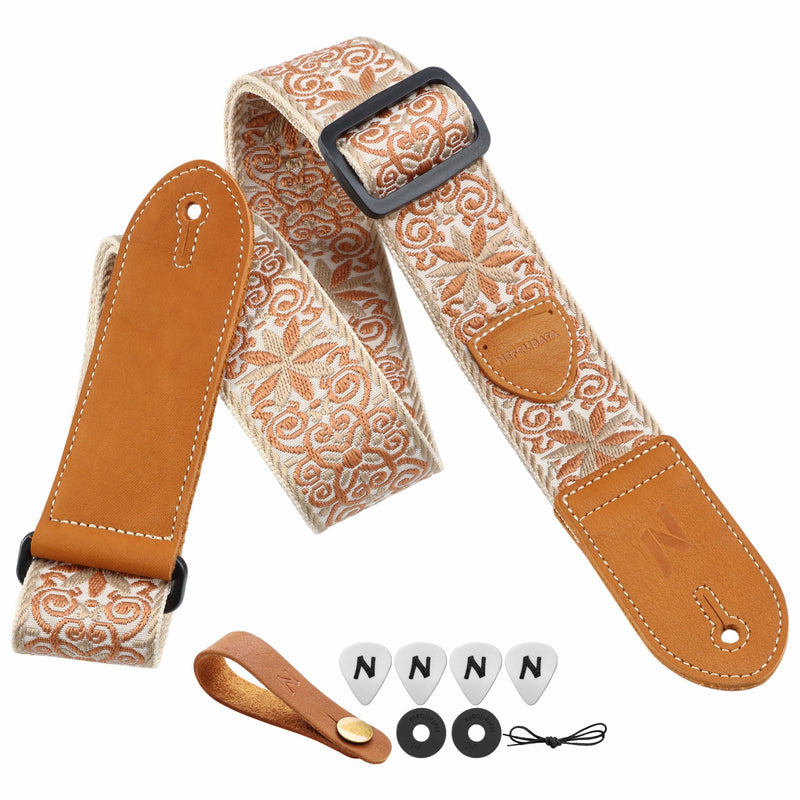 Nefelibata Guitar Strap,Double leather ends,Vintage Woven W/FREE BONUS-4 Picks+Strap Locks+Strap Button,Best Gift For Bass,Electric&Acoustic Guitars for Guitar(Vintage khaki yellow embroidery) A#-vintage Khaki Yellow Embroidery