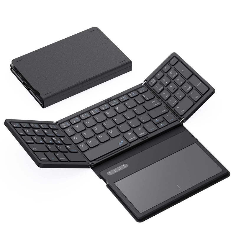 GEODMAER Foldable Bluetooth Keyboard, Portable Full Size Bluetooth Keyboard with Large Touchpad, Rechargeable Tri-Folding Ultra Slim Travel Keyboard for Windows iOS Android Mac, Sync up to 3 Devices