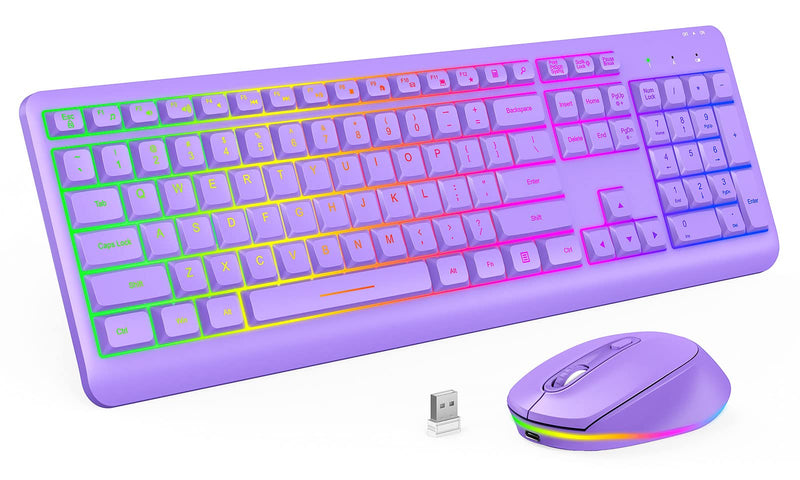 Wireless Keyboard and Mouse Backlit - Rechargeable Keyboard Mice Combo, Full Size USB Light Up Keyboard Mouse Cordless for Computers, PC, Laptop, Chromebook - Purple A Purple Keyboard Mouse Backlit