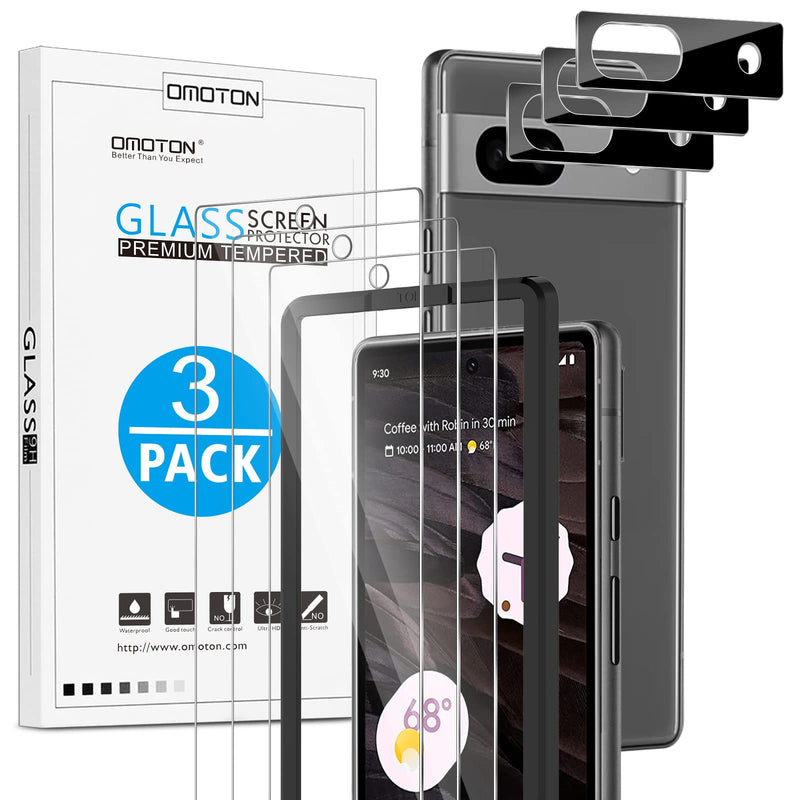 OMOTON [3+3 Pack] Screen Protector for Google Pixel 7A 5G, 3 Pack Pixel 7A screen protector & 3 Pack Camera Lens Protector, Alignment Frame/Tempered Glass/Anti Scratch, 6.1 Inch(2023 Released)
