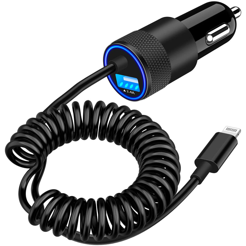 【MFi Certified】iPhone Car Charger Fast Charging, Braveridge 4.8A Dual USB Power Cigarette Lighter Car Charger Adapter with 6FT Lightning Coiled Cable for iPhone 14 13 12 11 Pro/XS/Mini/XR/SE/X/8/iPad Black---Built-in Coiled Cable
