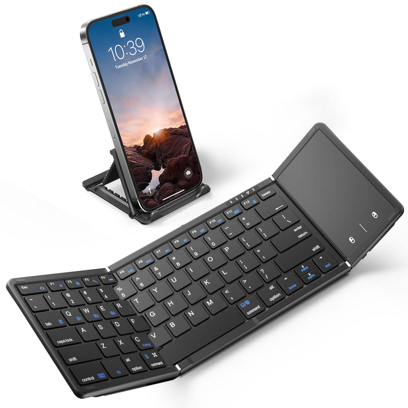 [AUSTRALIA] - Samsers Foldable Bluetooth Keyboard with Touchpad, Full-Size Wireless Folding Keyboard with PU Leather, Portable Travel Keyboard for iOS Android Windows Mac OS, Support 3 Devices (BT5.1 x 3), Black Refined Black 