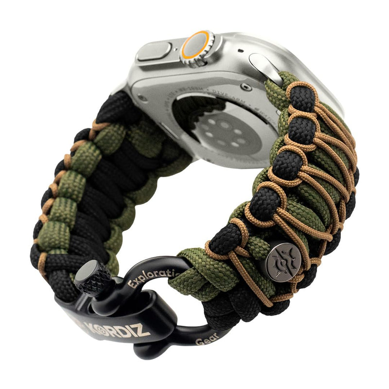 KORDIZ Survivor Pro - Nylon Paracord band for Apple Watch ULTRA 3, ULTRA 2/1 [49mm] & Series 11, 10, 9, 8, 7-1, SE3, SE2, SE [46mm 45mm 44mm 42mm] - with Stainless Steel Adjustable Shackle Black/Green & Micro Coyote Ultra Silver | Size M
