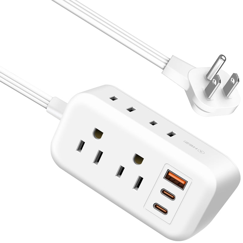 PD30W USB C Power Strip-4 Outlets and 3 USB (2 USB C),5ft White Extension Cord with USB Ports Fast Charging, Power Strip Flat Plug Desk Outlet Compact for Trave,l Cruise Ship, Dorm Room Essentials 5 FT 30W USB-C Ports