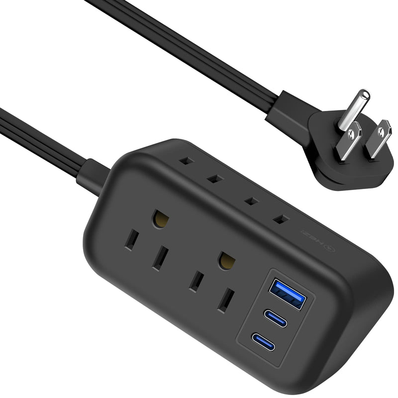 USB C Power Strip 45W, 5ft Black Extension Cord with Multiple Outlets, Power Strip Travel with 4 Outlets Small Flat Plug Power Strip with USB Ports(2 PD USB C), Fast Charging for MacBook iphone14 5 FT 45W USB-C Ports