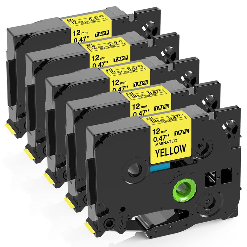 [AUSTRALIA] - MarkDomain Replacement for Brother TZe TZ Tape Black on Yellow TZe-631 TZe631 12mm 0.47 Inch Laminated P Touch Label Tape for Brother P Touch PTD220 PTD210 PTH110 PTD600 Label Makers, 5-Pack 