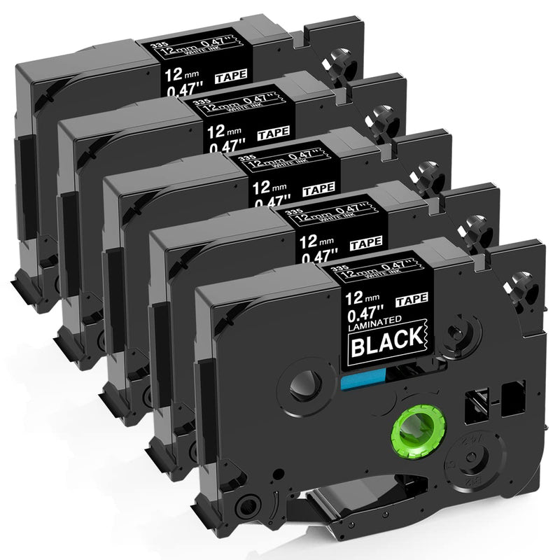 [AUSTRALIA] - MarkDomain Replacement for Brother TZe-335 TZe335 TZe TZ Tape White on Black 12mm 0.47 Inch Laminated P Touch Label Tape for Brother PT-D220 PT-D210 PT-H110 PT-D600 Label Makers, 5-Pack 