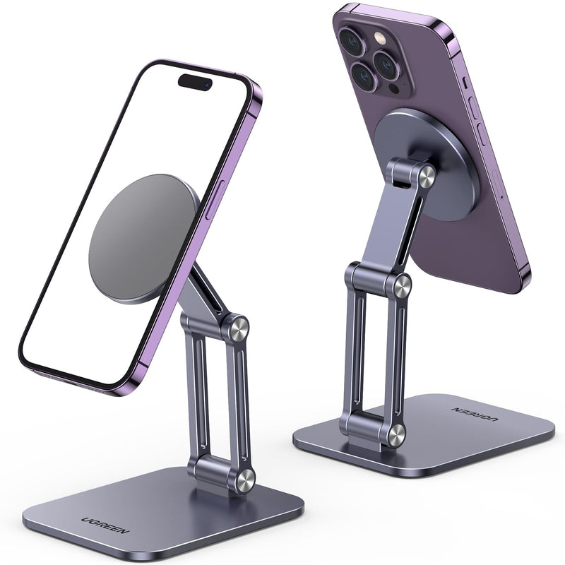 UGREEN Magnetic Phone Stand Compatible with MagSafe iPhone Stand for Desk Ergonomic Design Adjustable, Aluminum Cell Phone Stand Compatible for iPhone 15 14 13 12 Pro Max and MagSafe Case, Grey
