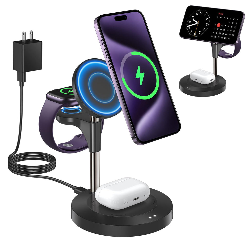 3 in 1 Wireless Charging Station for Multiple Devices Apple, Aeinidi 15W Fast Mag-Safe, Magnetic Charger Stand for iPhone 15 14 13 12 Pro Max/Plus/Pro/Mini, Apple Watch, AirPods Pro 3 2, Black