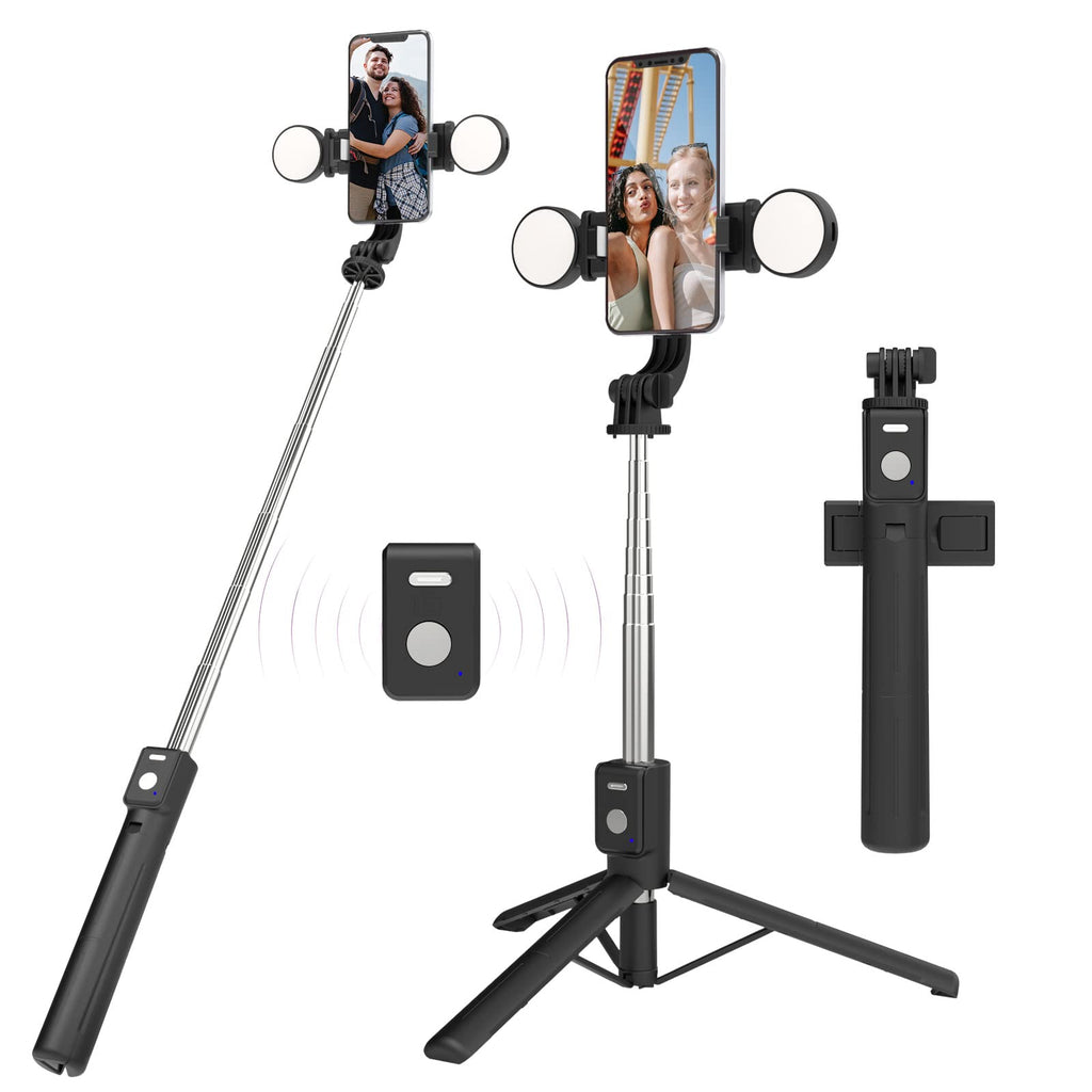 48'' Selfie Stick with Tripod, Selfie Stick with 2 Fill Light, 360 Rotation Phone Tripod Stand with Detachable Wireless Remote, Compatible with iPhone, Samsung and Smartphone (2 Circle-Fill Light) 2 circle-Fill Light