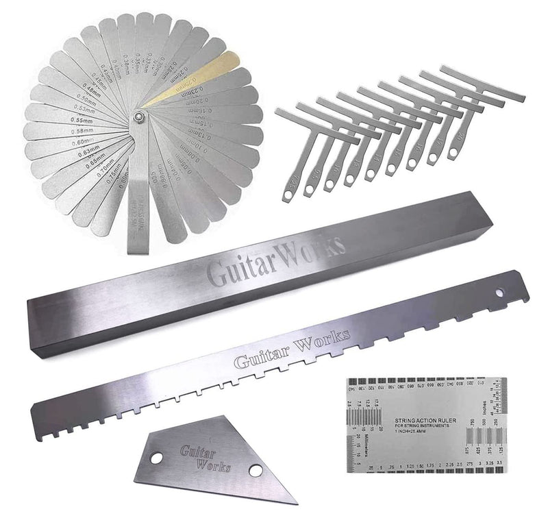 14pcs Guitar Luthier Tools Set Guitar Radius Gauge Unilateral Neck Straight Edge String Action Gauge Ruler Feeler Gauge Fret Rocker Fret Leveling Beam Set Up Tool for Guitar Fretboard and Frets