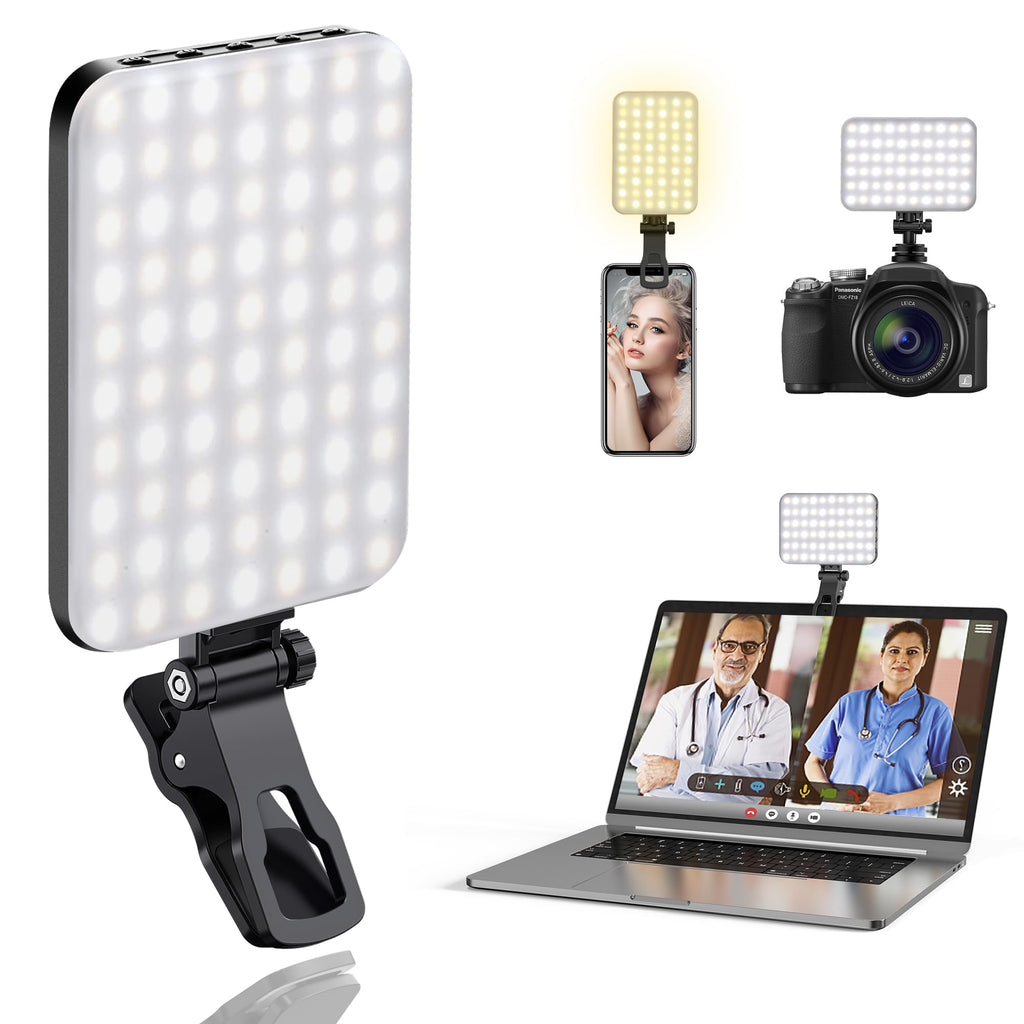 60 LED Portable Selfie Light Video Conference Lighting with Clip & Camera Tripod Adapter Rechargeable 2200mAh CRI 97+, 3 Light Modes for Phone iPhone Webcam Laptop Photo Makeup Black